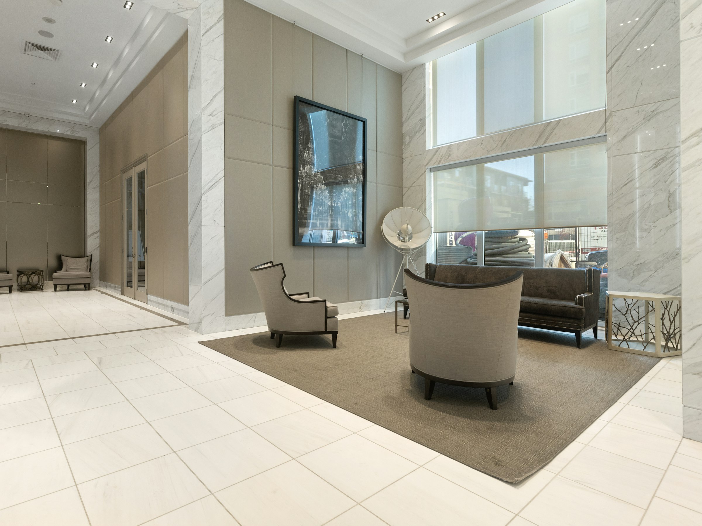 The lobby and seating area of a commercial office building